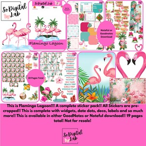 Puede incluir: Un paquete de pegatinas digitales llamado "Flamingo Lagoon" con ilustraciones de flamencos rosas, vegetación tropical y elementos de calendario. Incluye widgets, puntos de fecha y etiquetas. El texto dice "19 Pages Total".