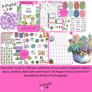 May include: A digital sticker collection with a succulent theme. The image features various digital stickers, including date dots, widgets, and decorative elements. The text "Succulent Love" is displayed prominently, along with the phrase "GoodNotes Compatible."