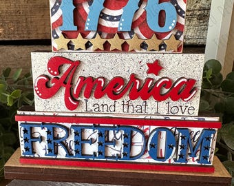 America Land That I Love Stacked Words | Shelf Sitter | Home | Patriotic | Farmhouse Decor | Patriotic Decor | 1776 | Freedom