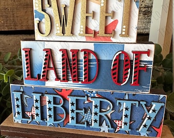 Sweet Land of Liberty Stacked Words | Shelf Sitter | Home | Patriotic | Farmhouse Decor | Patriotic Decor