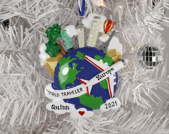 World Traveler Globe Airplane Personalized Christmas Ornament