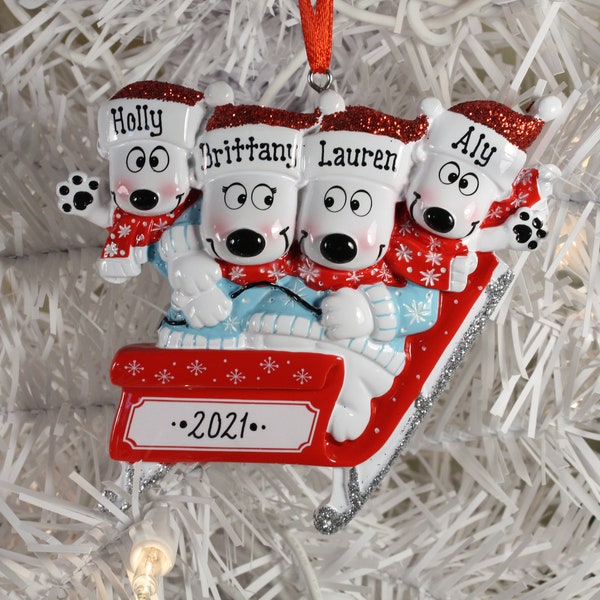 Personalized Family of 4 White Polar Bears Sledding in Toboggan Christmas tree Ornament Couple with Two Children Gift Custom Bear Figurine