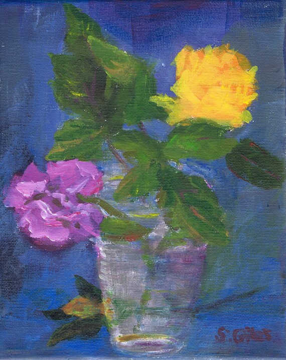 Items similar to Purple and Yellow Roses acrylic painting on Etsy