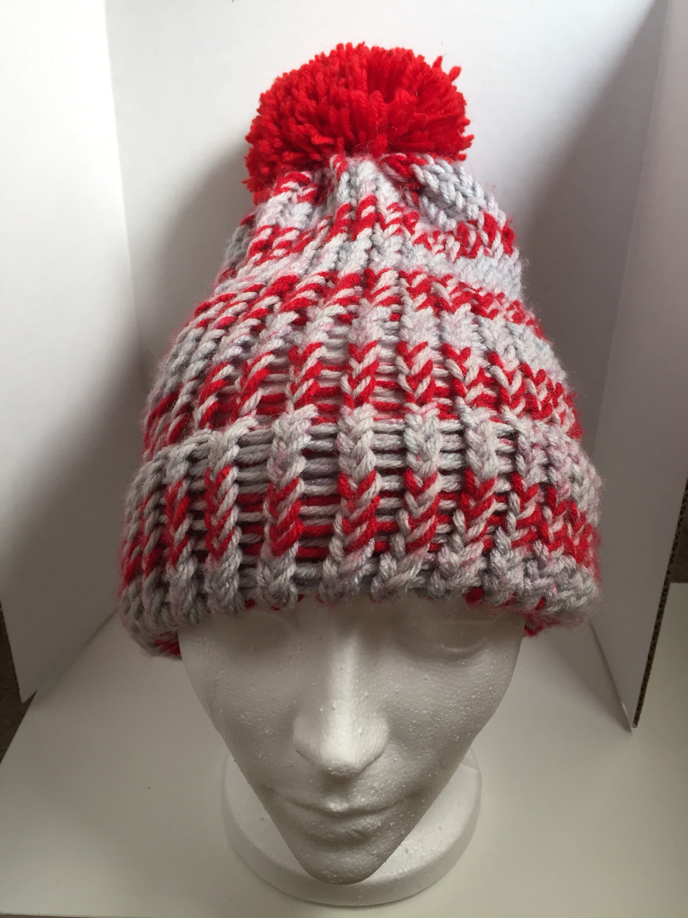 Adult red and gray loom knit hat Etsy