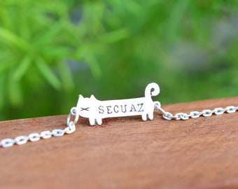 Cat with name stamped Necklace - Sterling Silver- Chain-Personalized Animal Cat Pet Pendant - Cat lover- Memorial