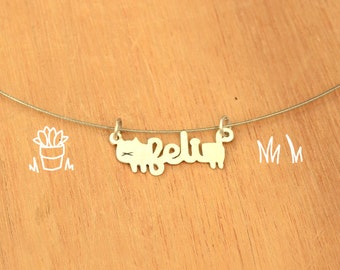 Cat with name-Personalized Pet Necklace-Sterling Silver-Animal Cat Pendant