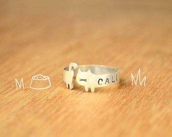 Cat Ring Name Stamped- Sterling Silver - Cat lover gift -lovely cat
