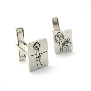 Your Child&#39;s Drawing on a Cuff Links- Personalized- Made to order- sterling silver - Handwriting cufflinks -Cufflinks for Dad