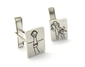 Your Child's Drawing on a Cuff Links- Personalized- Made to order- sterling silver - Handwriting cufflinks -Cufflinks for Dad