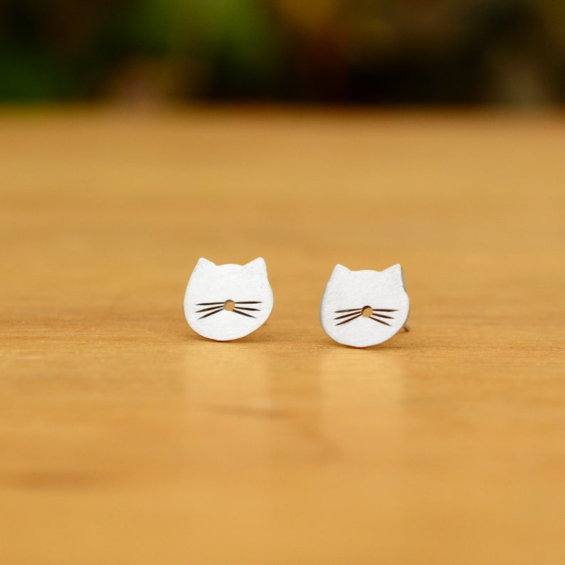 Tiny Cat stud Earrings Sterling Silver Cat lover gift image 1