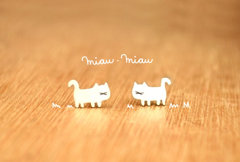 Tiny Cat Stud Kitties Earrings Sterling Silver Cat lover gift image 1