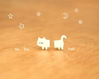 Tiny Half Cat- Stud Kitties Earrings- Sterling Silver - Cat lover gift