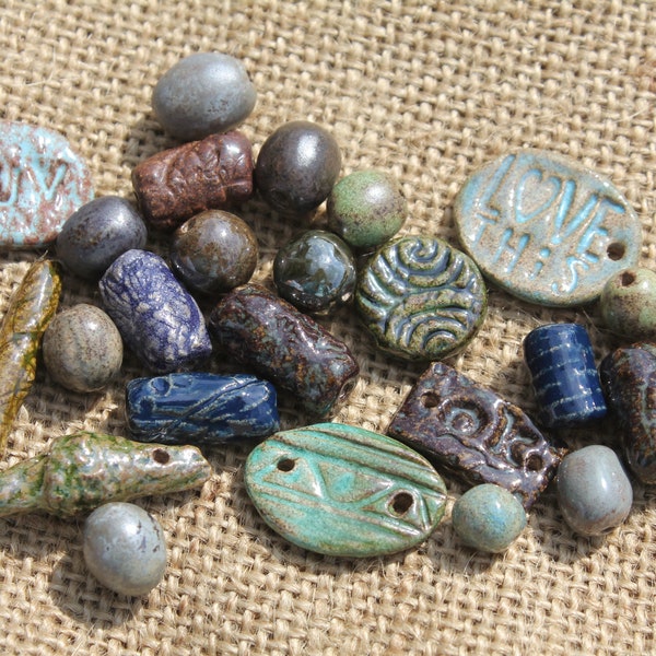 Set of 25 Handmade Stoneware Beads for Jewelry, Handmade Pottery Beads, Various Designs-Shapes-Colors, Handmade for Artisan Jewelry Projects