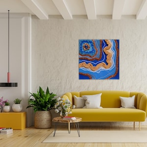Handmade Geode Resin Art Wall Decor in Blue and Gold | Abstract 12x12 Inch Artwork | Unique Geode-Inspired Modern Home Decoration