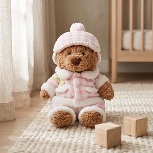 May include: A brown teddy bear wearing a pink and white plaid hat, coat, and pants. The bear's outfit has white trim and yellow accents. The bear is sitting on a cream-colored rug with two wooden blocks nearby.