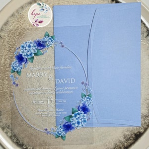 Hyrangea Oval Frame Wedding Invitation Set, Blue Hyrangea Birthday Invite, Elegant Transparent Flower Frame Wedding Invite, Acrylic Invite