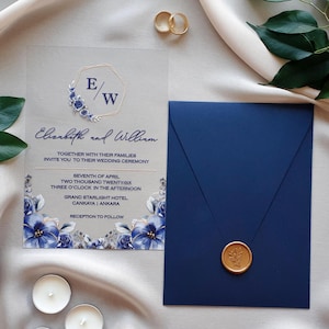 Royal Blue Floral Wedding Invitation Set, Acrylic Wedding Invitation Set, Gold Detail Wedding Invitation, Wedding Invitation with Monogram