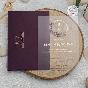 Invitación de boda floral elegante, invitación botánica con detalles en oro, invitación acrílica de flor de lámina de oro, invitación de boda personalizada