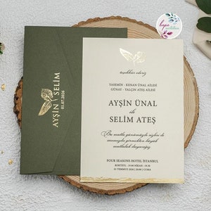 Goldenes Blatt Hochzeitseinladung, Klassisches Gold und Grüne Hochzeitseinladung, Goldene Palmenblatt-Einladung, Hochzeitstag einladen, Probeessen
