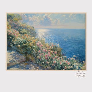 Seaside Garden with Flowers, Coastal Landscape Oil Painting, Printable Wall Art, Digital Download