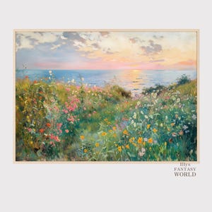 Wildflowers by the Sea, Coastal Sunset Painting, Floral Landscape Oil Painting, Printable Wall Art, Digital Download