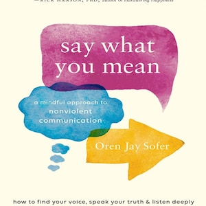 May include: Book cover with a pink and blue watercolor illustration of speech bubbles with the text "say what you mean" and "a mindful approach to nonviolent communication". The author's name, Oren Jay Sofer, is written in a yellow arrow. The subtitle is "how to find your voice, speak your truth & listen deeply". The foreword is by Joseph Goldstein.