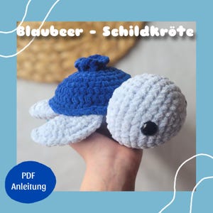 May include: A crocheted blue and white turtle amigurumi toy. The turtle has a blue shell and a white body with black eyes. The text "Blaubeer - Schildkröte" and "PDF Anleitung" is visible in the image.
