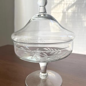 Vintage etched glass compote dish with lid