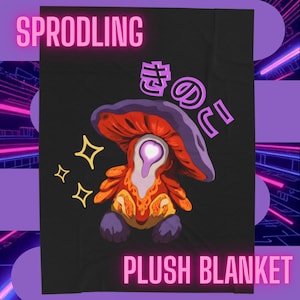 May include: Black plush blanket featuring a colorful mushroom character with a purple cap and orange body. The mushroom has a glowing white center and is surrounded by gold stars. The word "SPRODLING" and "PLUSH BLANKET" are in pink text.