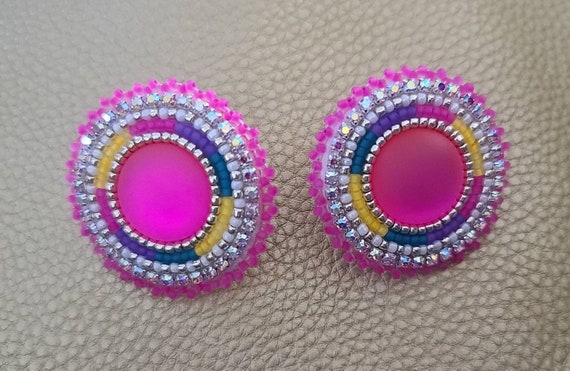 Neon Native American beaded earrings on fingernail posts