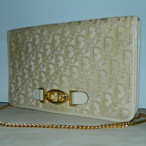 vintage 1970s DIOR bag cream monogram canvas Christian Dior clutch gold chain strap