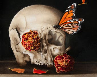 Remnants - fine art print, multiple sizes - skull flower, dia de los muertos, monarch butterfly, vanitas, marigold, death, Janae Corrado Art