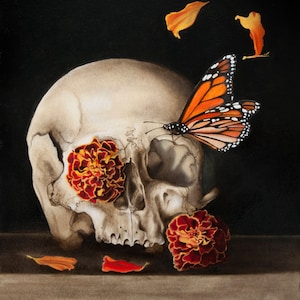 Restos - Impresión de bellas artes, varios tamaños - flor de calavera, día de los muertos, mariposa monarca, vanitas, caléndula, muerte, Janae Corrado Art