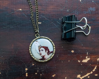 The Messenger - owl art pendant, owl necklace, owl charm, wearable art, goddess Athena, bronze or silver finish.