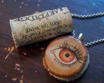 Original OOAK Painted Lovers Eye, birch wood oil painting pendant, golden eye pendant, silver details, miniature eye portrait of mourning