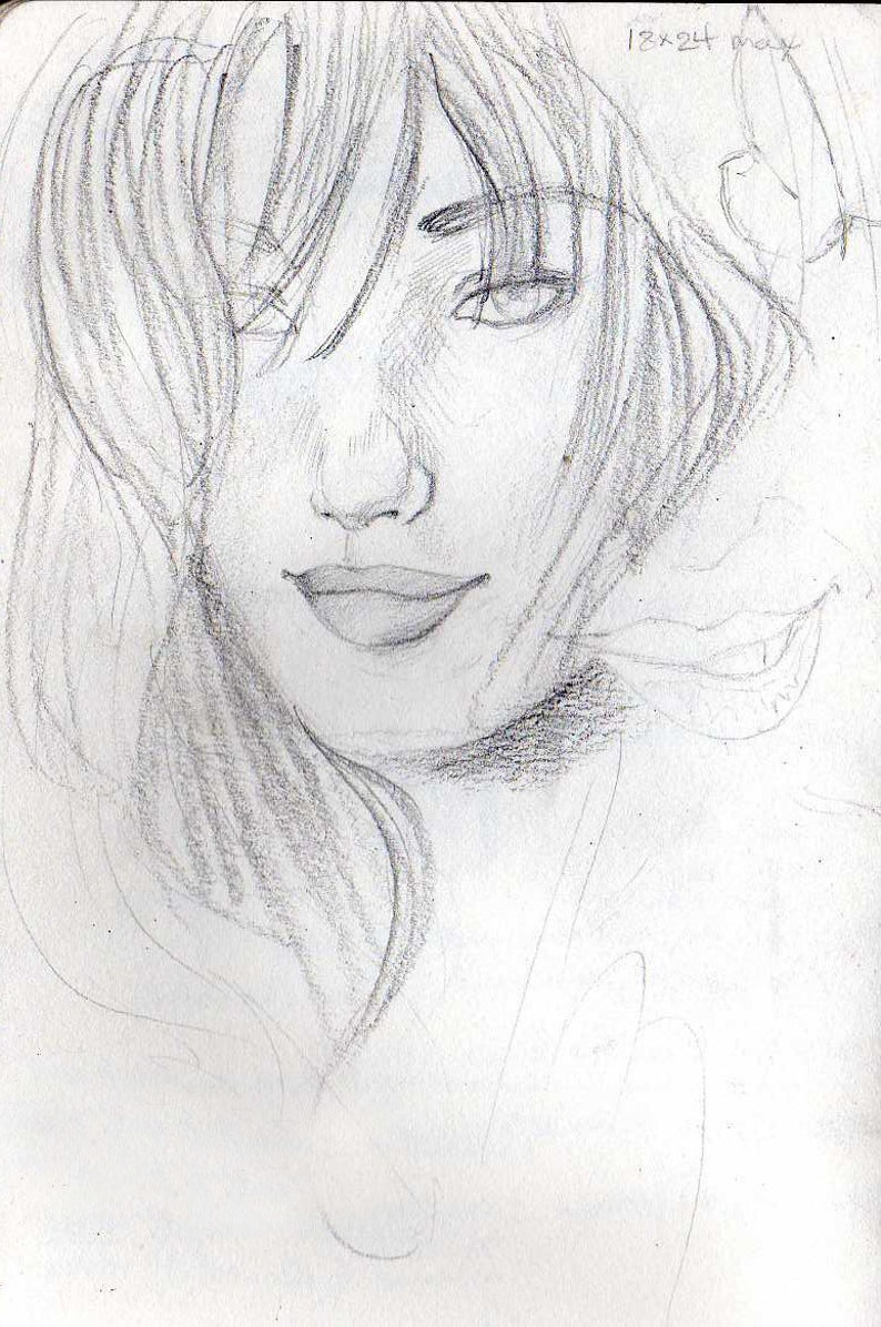 Puede incluir: Un dibujo a l&aacute;piz de la cara de una mujer con el pelo largo. La mujer est&aacute; mirando al espectador con una leve sonrisa. El dibujo est&aacute; hecho en tonos grises.