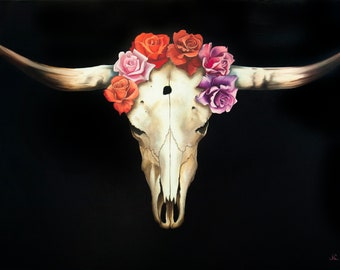 Honor the Fallen - Open Edition fine art print - skull flower, dia de los muertos, longhorn, steer skull, vanitas, roses, death, Halloween