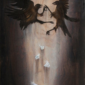 May include: Two black crows in silhouette, facing each other, with wings outstretched, against a light brown wood background.  Diamonds of various sizes are falling from the sky.
