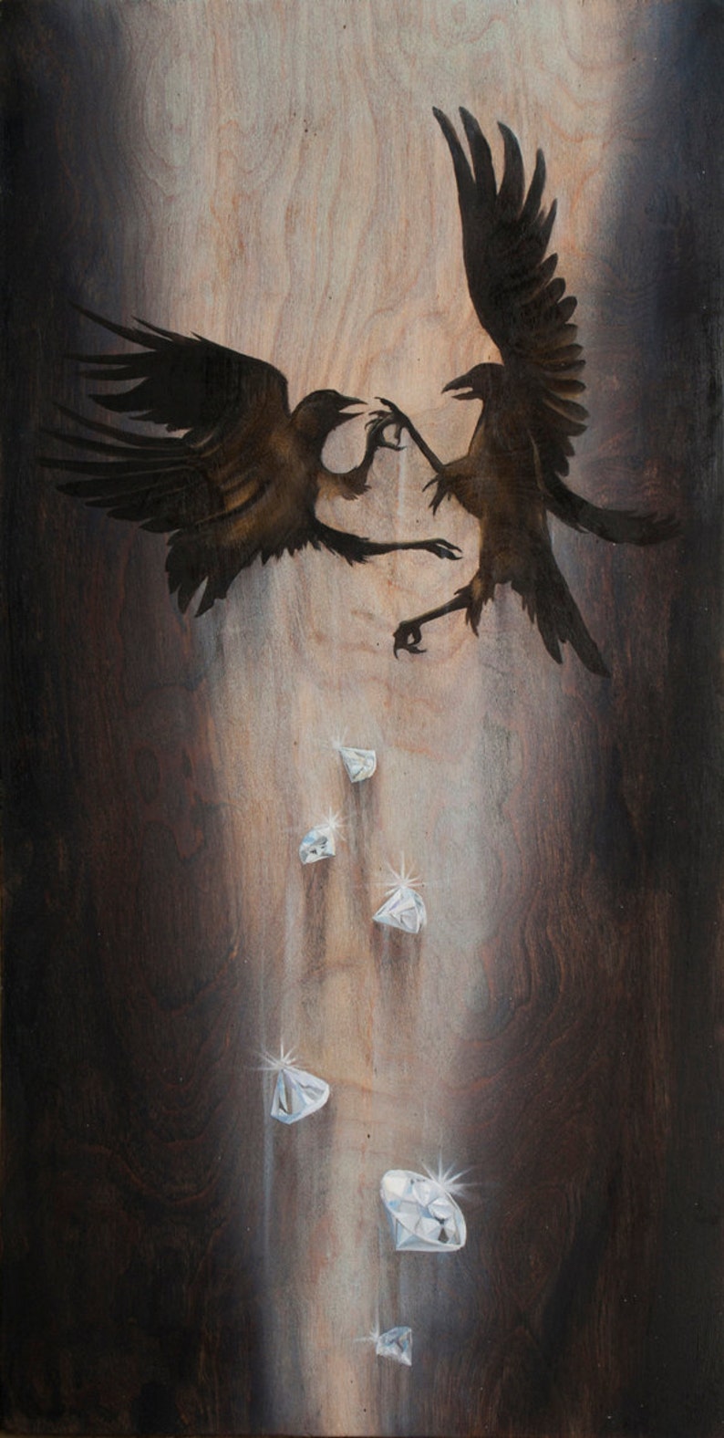May include: Two black crows in silhouette, facing each other, with wings outstretched, against a light brown wood background.  Diamonds of various sizes are falling from the sky.