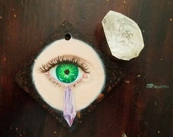 Amethyst Eye - mini ORIGINAL OOAK oil painting, lovers eye, green eye, crystalline tears, quartz, crying crystal, crystal tears