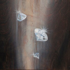 May include: Three sparkling diamonds on a dark brown background. The diamonds are different sizes and are arranged in a vertical line. The diamonds are painted in a realistic style.