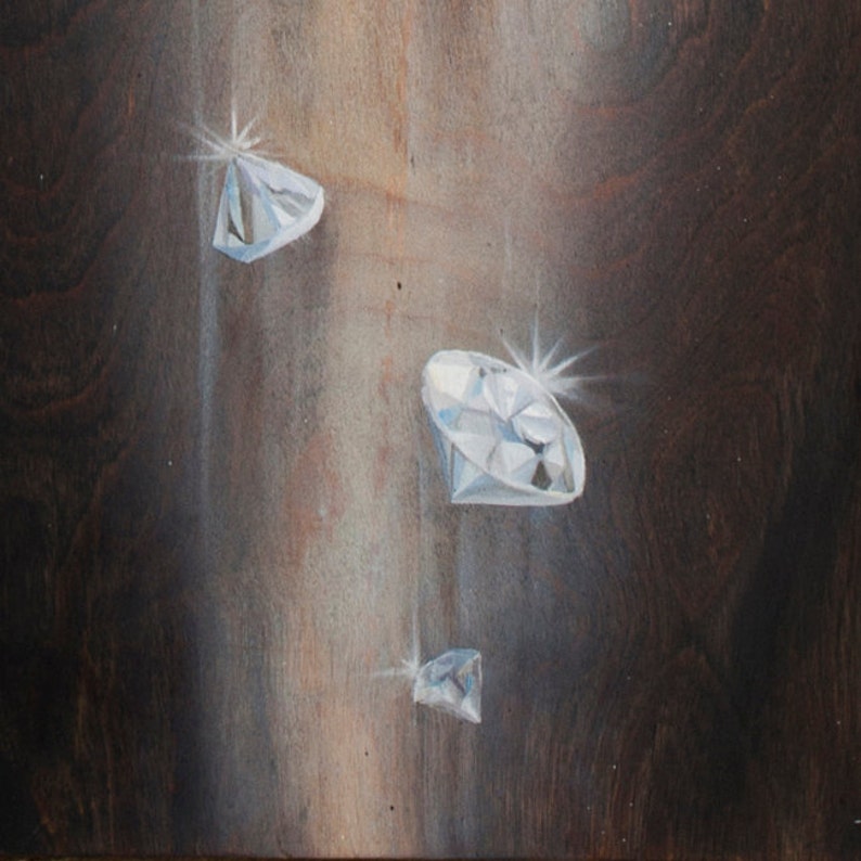 May include: Three sparkling diamonds on a dark brown background. The diamonds are different sizes and are arranged in a vertical line. The diamonds are painted in a realistic style.