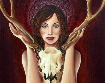 Radiant Decay Open Edition fine art print, skull woman, death goddess, stag skull