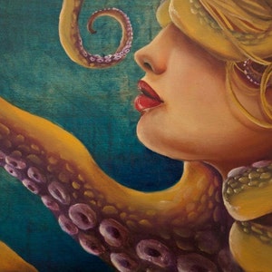 May include: A painting of a woman's face with an octopus tentacle wrapped around her head. The tentacle is yellow with purple suckers. The woman's lips are red and she has blonde hair.