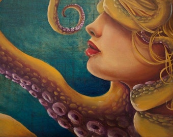 Return to the Depths Open Edition fine art print, octopus, siren, blonde mermaid, naiad, Janae Corrado Art