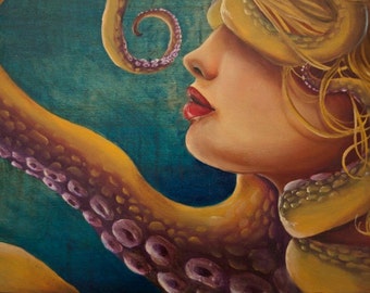 Return to the Depths Open Edition fine art print, octopus, siren, blonde mermaid, naiad, Janae Corrado Art