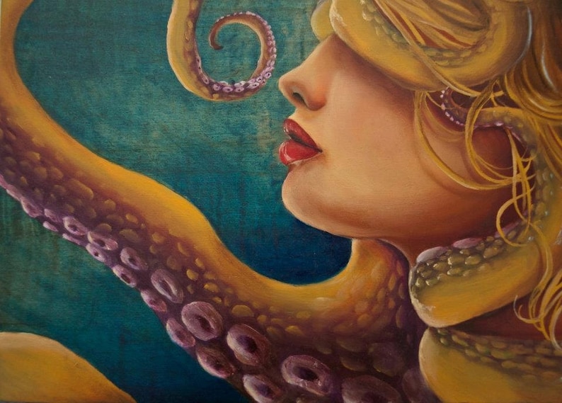 May include: A painting of a woman's face with an octopus tentacle wrapped around her head. The tentacle is yellow with purple suckers. The woman's lips are red and she has blonde hair.