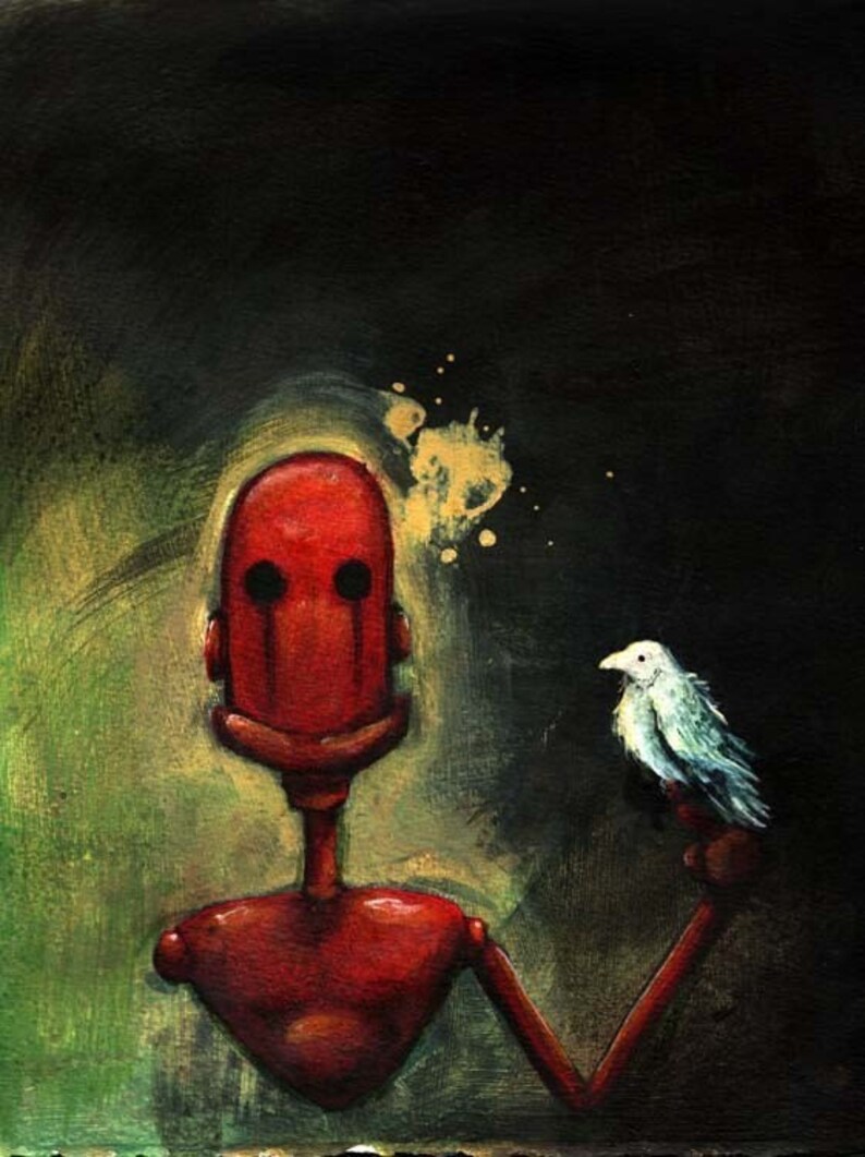 Puede incluir: Un robot rojo con una expresi&oacute;n triste sostiene un p&aacute;jaro blanco en su mano. El robot tiene una cabeza redonda con ojos negros y un cuerpo rojo. El fondo es de color verde oscuro y marr&oacute;n.