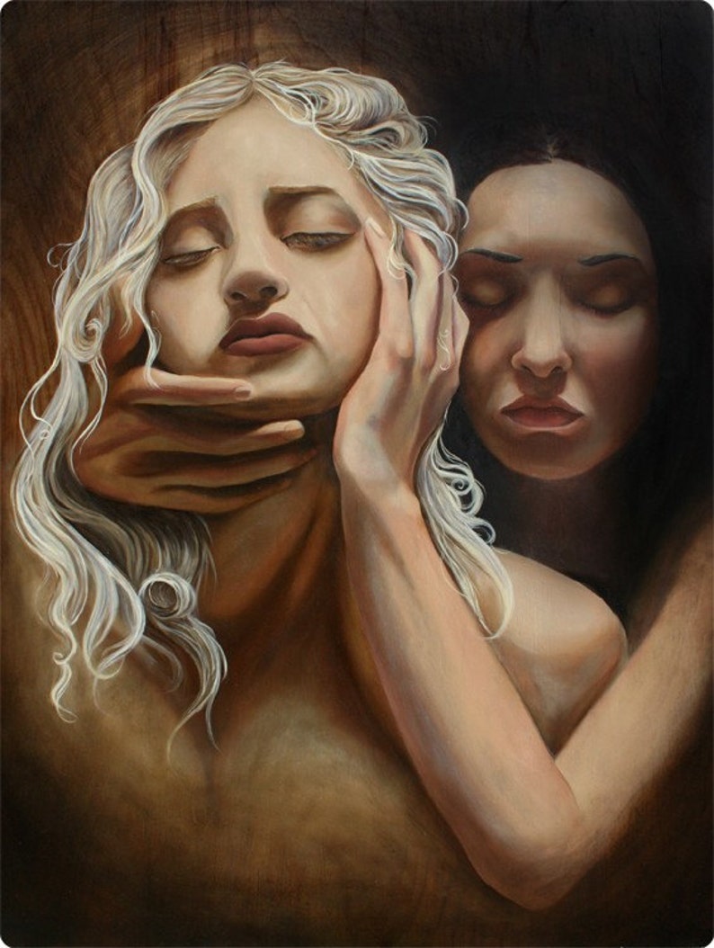 Puede incluir: Una pintura de dos mujeres con los ojos cerrados. La mujer en primer plano tiene el pelo largo y blanco y lleva una camisa blanca. La mujer en el fondo tiene el pelo oscuro y lleva una camisa negra. La pintura est&aacute; realizada en un estilo realista y tiene un toque suave y rom&aacute;ntico.