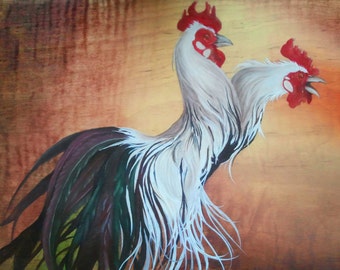 DP - Two-Headed Rooster Oil Painting, OOAK